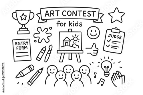Kids Art Contest Icons. Hand-drawn doodle illustration [Art contest for kids] [trophy, ribbon, paint splash, drawing board, star, smiley, entry form, judge