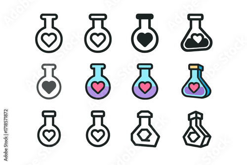 Love Potion Logo Grid. Set Logo of Flasks: Flask with heart symbol (love potion). Logo set in vector style, emblematic variations. line, bold thick line, solid