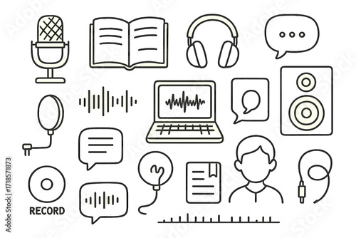 Audiobook Narration Doodle. Hand-drawn doodle illustration Audiobook narration setup microphone, book, headphones, waveform, voice bubble, laptop, pop filter,