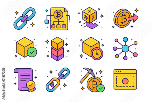Blockchain Icon Set. Colorful isometric vector icons set of bitcoin and blockchain elements: blockchain chain links, distributed ledger with BTC, block with