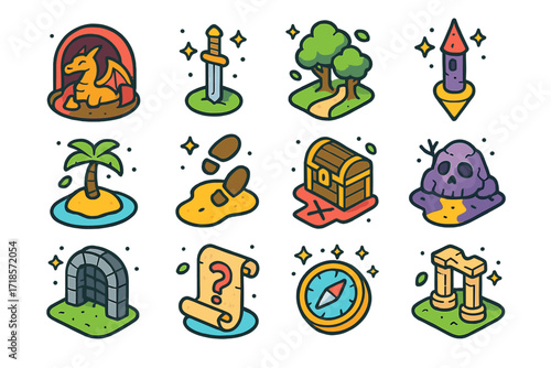 Fantasy Icons Set. Colorful isometric vector icons set of Fantasy adventure maps: dragon cave icon, sword symbol, enchanted forest path, magic tower marker,