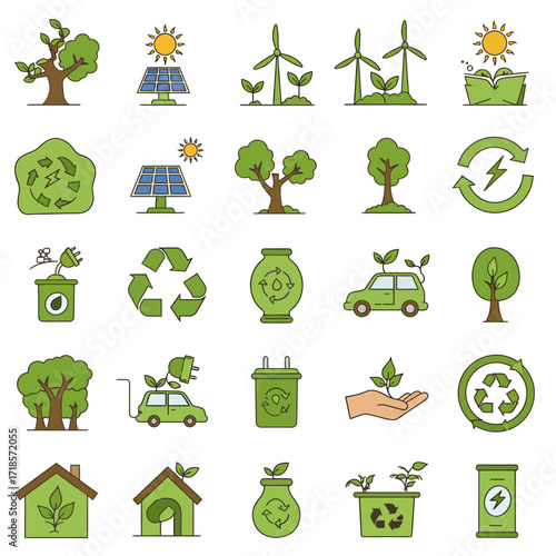 Collection of green icons representing sustainable practices and environmental themes.