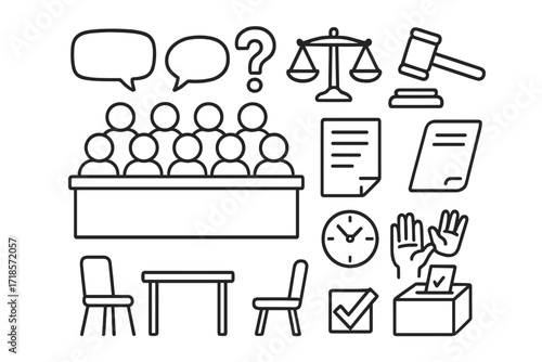 Jury Deliberation Icons. Hand-drawn doodle illustration jury deliberation jury box, people figures, speech bubbles, question mark, scales, courthouse, gavel,