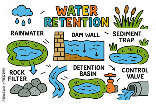 Water Retention Illustration. Water Retention. Colorful Hand-drawn doodle Children illustration retention pond, dam wall, sediment trap, reed bed, water