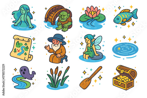 River Folklore Icons. Colorful isometric vector icons set of River legends and folklore: water spirit, old bridge troll, enchanted lily, glowing fish, folklore