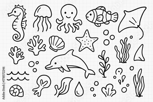 Oceanic Creature Doodles. Hand-drawn doodle illustration Oceanic creatures seahorse, jellyfish, octopus, clownfish, manta ray, coral, shell, starfish, dolphin,