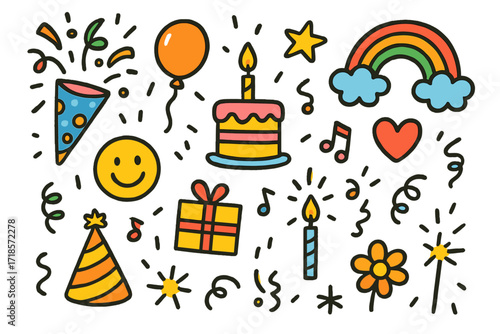 Children's Surprise Party. Colorful Hand-drawn doodle Children illustration Surprise Gathering [party popper, balloon, cake, candle, star, rainbow, heart,