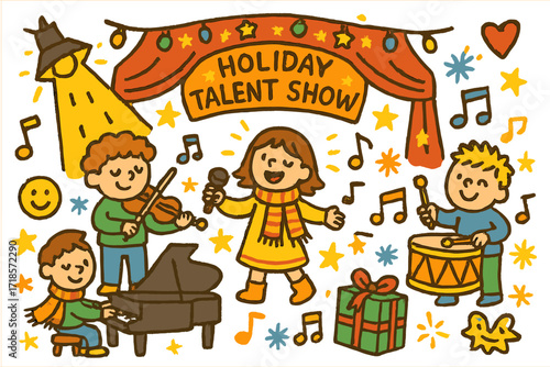 Holiday Talent Show. Colorful Hand-drawn doodle Children illustration Holiday Talent Show [stage, spotlight, singer, violin, piano, drum, music note, star,