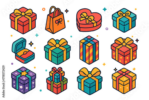 Colorful Gift Boxes. Gift boxes. Colorful isometric vector icons set of gift boxes: wrapped present with ribbon, gift bag, heart-shaped box, square present,