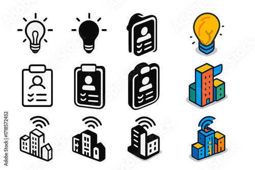 Civic Innovation Icons. Icon Set of Civic Innovation: Idea lightbulb, Citizen survey, Smart city icon. Icons set in vector style, emblematic variations. Idea