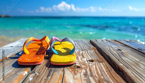 Colorful flip-flops on a wooden dock, ocean view