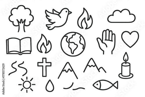 Creation Care Symbols. Hand-drawn doodle illustration Creation care in religion tree, river, book, dove, flame, cloud, earth, hand, heart, cross, mountain,