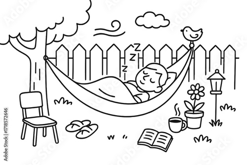 Tranquil Hammock Scene. Hand-drawn doodle illustration Tranquil backyard hammock [fence, tree, hammock, pillow, sleeping person, breeze swirl, bird, flower