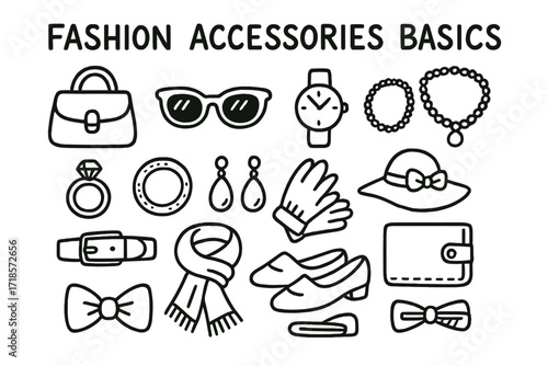 Fashion Accessories Doodle. Hand-drawn doodle illustration Fashion accessories basics [handbag, sunglasses, watch, necklace, ring, bracelet, earrings, hat,