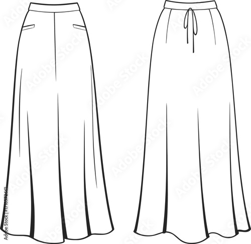 Women’s maxi skirt fashion flat sketch, elegant long skirt with drawstring waist and pockets, apparel technical design clothing template illustrationWomen’s maxi skirt fashion flat sketch, 