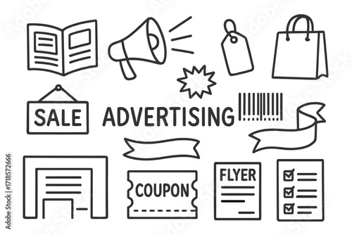 Advertising Icons Set. Advertising. Hand-drawn doodle illustration catalog, megaphone, price tag, shopping bag, starburst, coupon, barcode, sale sign, poster,