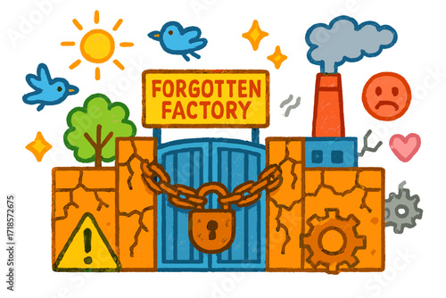 Whimsical Forgotten Factory. Colorful Hand-drawn doodle Children illustration Forgotten Factory closed gate, cracked walls, rusted lock, broken chain, gear,