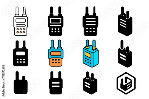 Portable Radio Logos. Set Logo of Portable Radio: Dual-band radio. Logo set in vector style, emblematic variations. line, bold thick line, solid black filled,