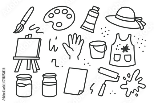 Art Tools Doodle. Hand-drawn doodle illustration painter brush, palette, paint tube, easel, smock, canvas, bucket, hand, water jar, paper, roller, sketch