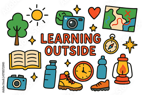 Outdoor Adventure Doodles. Learning outside. Colorful Hand-drawn doodle Children illustration book, map, compass, guide, tree, sun, star, heart, sparkle,