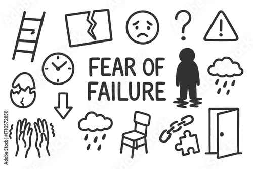 Fear of Failure Icons. Hand-drawn doodle illustration Fear of failure [broken ladder, torn paper, sad face, question mark, warning sign, clock, cracked egg,