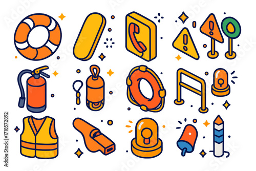Coastal Safety Icons. Hyper-realistic studio photo on a white background, featuring a red fade to blue drink in a glass slightly behind the main character. The