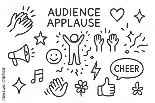 Applause Doodle Icons. Hand-drawn doodle illustration Audience applause [clapping hands, star, heart, sparkle, smiley face, raised hands, standing figure,