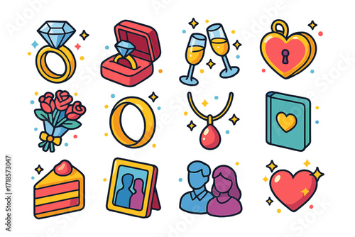 Isometric Engagement Icons. Engagement. Colorful isometric vector icons set of engagement: diamond ring, proposal box, champagne glasses, heart locket, rose
