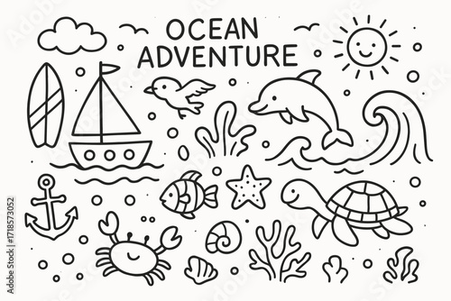 Ocean Adventure Doodles. Hand-drawn doodle illustration Ocean adventure [boat, surfboard, wave, anchor, seagull, dolphin, fish, starfish, shell, crab, turtle,
