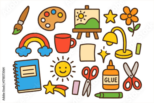 Creative Kids' Doodle. Colorful Hand-drawn doodle Children illustration Community Creativity [paintbrush, palette, canvas, notebook, mug, lamp, rainbow, star,
