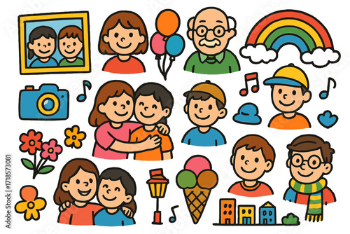 Joyful Street Doodles. Colorful Hand-drawn doodle Children illustration Street portraits and smiles camera, photo frame, balloons, children smiling,