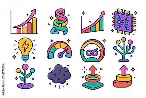 Exponential Tech Icons. Colorful isometric vector icons set of exponential tech growth: data growth chart, tech evolution spiral, curve of acceleration,