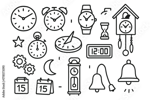 Timekeeping Doodle Collection. Hand-drawn doodle illustration Clock and timekeeping wall clock, alarm clock, wristwatch, pocket watch, stopwatch, sundial,