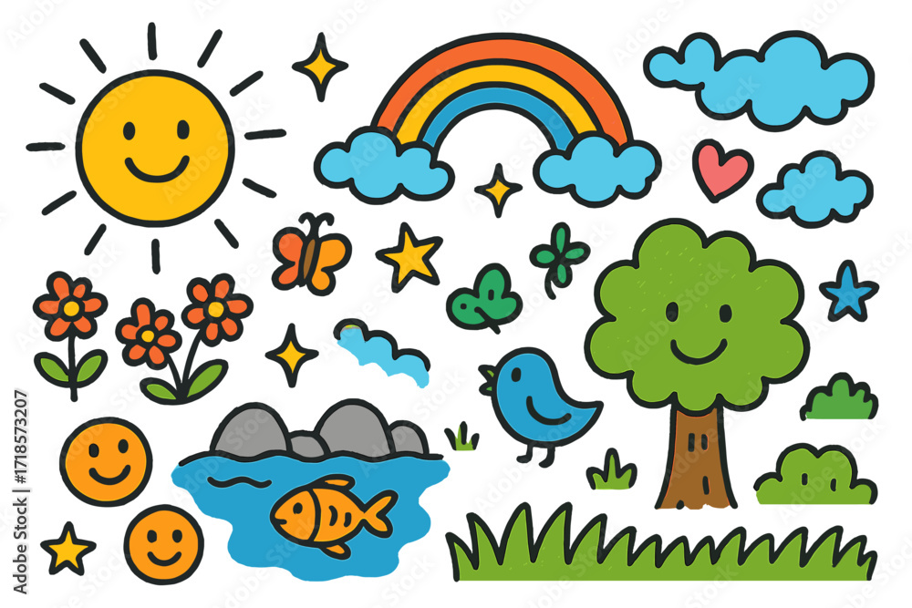 Naklejka premium Sunrise Spring Doodle. Colorful Hand-drawn doodle Children illustration Springs at Sunrise glowing sun, rainbow, sparkles, rocks, water, flower, butterfly,