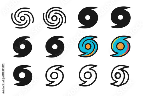 Severe Hurricanes Logo Set. Set Logo of Severe Hurricanes: Spinning cyclone icon. Logo set in vector style, emblematic variations. line, bold thick line, solid
