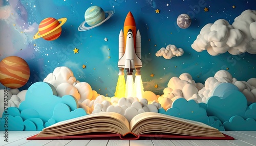 Open book with rocket launching into space