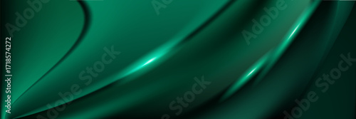 Green drapery silk fabric luxury background. Wavy abstract satin cloth vector texture pattern. Smooth shiny drape material curtain. Elegant velvet curve motion image realistic horizontal design.