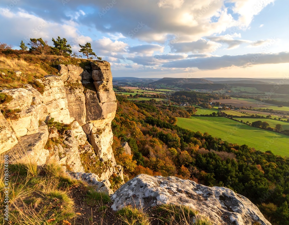 Naklejka premium Panoramic view from a clifftop at sunset
