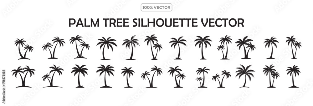 Naklejka premium Set of Palm tree summer logo, coconut tree icon. Palm tree silhouette icon. Miami beach tropic coconut tree.