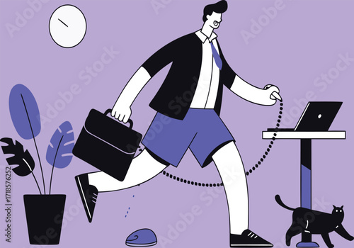 Man with briefcase rushes to laptop with cat nearby.