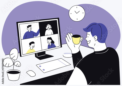 Person on video conference call with coffee computer.