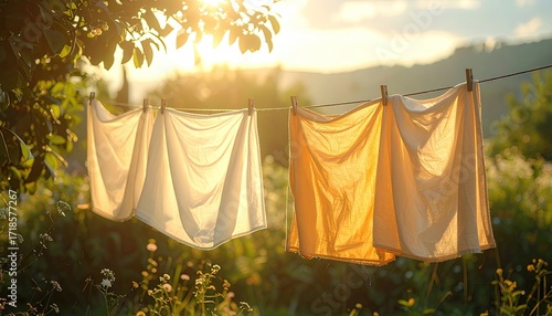 Linen Sheets Drying on Clothesline at Golden Hour with Sun Flare and Rural Landscape