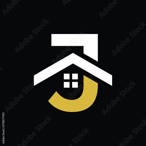 The image shows a flat logo design of an initial letter J in combination with a house complete with roof and windows. It looks clean on a black background and can be used for housing related purposes.