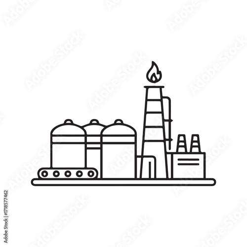 Oil refinery line icon, industrial plant vector symbol. Simple outline of a petroleum processing factory with flare stack and storage tanks.
