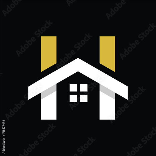 The image shows a flat logo design of an initial letter H in combination with a house complete with roof and windows. It looks clean on a black background and can be used for housing related purposes.