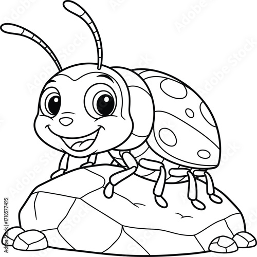 Cute Cartoon Ladybug Sitting on a Rock - Black and White Outline for Coloring Book