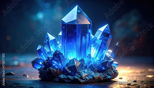Luminous Blue Crystal Formation on a Dark Surface with Glowing Highlights and Sparkling Accents Highlighting Mineral Detail and Light Reflection