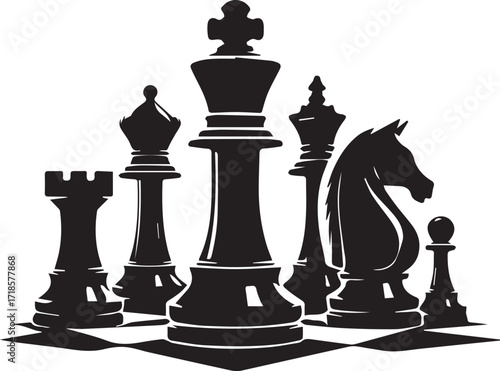 **The Black Pieces Assemble: Chess Strategy Unveiled as the King, Queen, and Knight Prepare for War.**