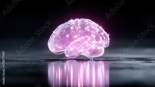 Luminous Digital Brain Hologram with Pink and White Light on Dark Background