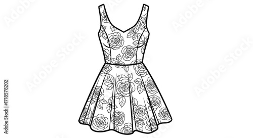 Floral print skater dress design, sleeveless, V-neck, fitted bodice, flared skirt.